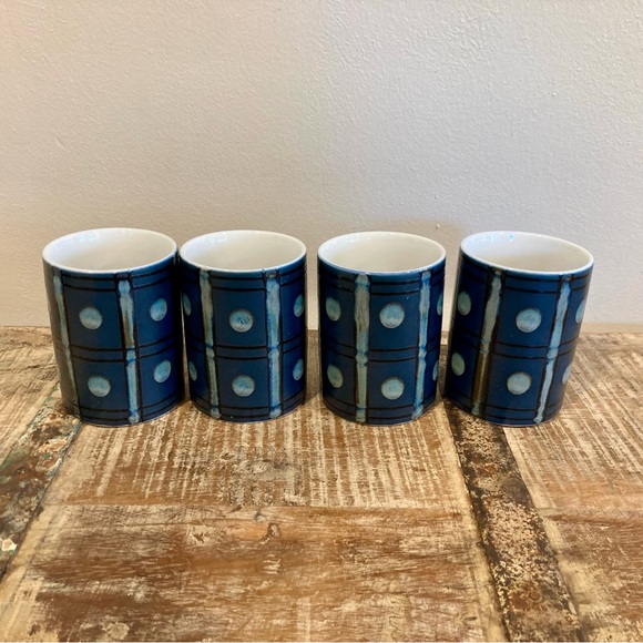 4 MCM Blue Dot Mugs Coffee Cups Geometric New Old Stock Japan Kasuga Ware - Picture 4 of 16